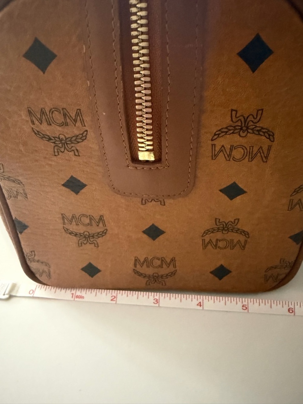 MCM Vintage Cognac Visetos Monogram Boston Satchel Bag with Gold Logo Plate - Picture 14 of 14